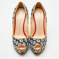 Pre Owned Giuseppe Zanotti Black/White Embroidered Canvas Sharon Peep Toe Pumps Size 37.5
