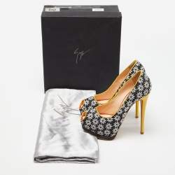 Pre Owned Giuseppe Zanotti Black/White Embroidered Canvas Sharon Peep Toe Pumps Size 37.5