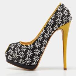 Pre Owned Giuseppe Zanotti Black/White Embroidered Canvas Sharon Peep Toe Pumps Size 37.5