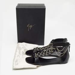 Giuseppe Zanotti Black Leather Roll Chain Flat Sandals Size 41