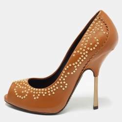 Giuseppe Zanotti Brown Leather Studded Peep Toe Pumps Size 38