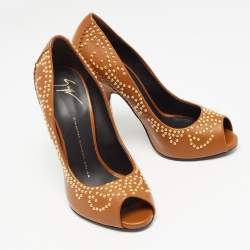 Giuseppe Zanotti Brown Leather Studded Peep Toe Pumps Size 38