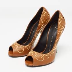 Giuseppe Zanotti Brown Leather Studded Peep Toe Pumps Size 38