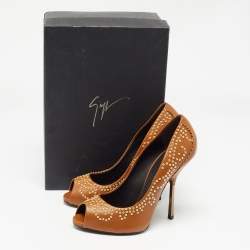 Giuseppe Zanotti Brown Leather Studded Peep Toe Pumps Size 38