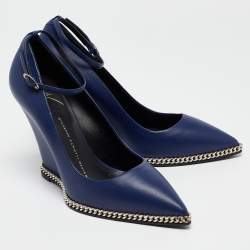 Giuseppe Zanotti Blue Leather Yvette Chain Wedge Pumps Size 37.5