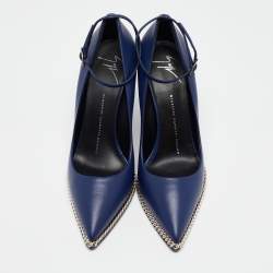 Giuseppe Zanotti Blue Leather Yvette Chain Wedge Pumps Size 37.5
