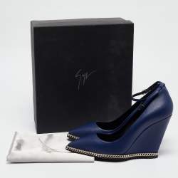 Giuseppe Zanotti Blue Leather Yvette Chain Wedge Pumps Size 37.5