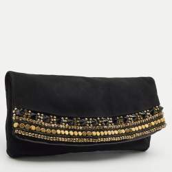 Pre Owned Giuseppe Zanotti Black Suede Crystals Embellished Clutch