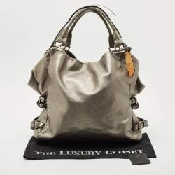 Pre Owned Giuseppe Zanotti Metallic Grey Leather Metal Handle Hobo