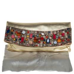 Giuseppe Zanotti Gold Leather Crystal Embellished Foldover Clutch
