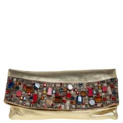 Giuseppe Zanotti Gold Leather Crystal Embellished Foldover Clutch