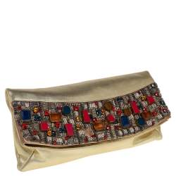 Giuseppe Zanotti Gold Leather Crystal Embellished Foldover Clutch