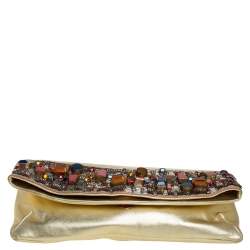 Giuseppe Zanotti Gold Leather Crystal Embellished Foldover Clutch
