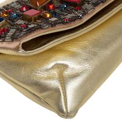 Giuseppe Zanotti Gold Leather Crystal Embellished Foldover Clutch