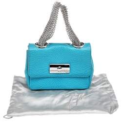 Pre Owned Giuseppe Zanotti Aqua Blue Embossed Leather Chain Top Handle Bag