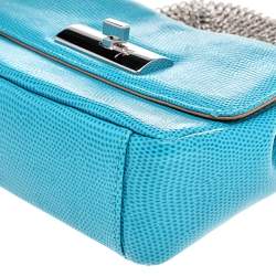 Pre Owned Giuseppe Zanotti Aqua Blue Embossed Leather Chain Top Handle Bag