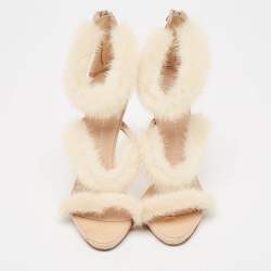 Giuseppe Zanotti Beige Mink Fur and Textured Leather Ankle Strap Sandals Size 37