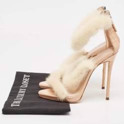 Giuseppe Zanotti Beige Mink Fur and Textured Leather Ankle Strap Sandals Size 37