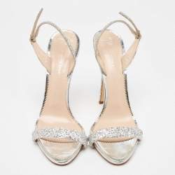 Pre Owned Giuseppe Zanotti Silver Coarse Glitter Slingback Sandals Size 41