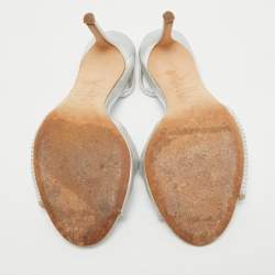 Pre Owned Giuseppe Zanotti Silver Leather Crystal Embellished Slingback Sandals Size 36