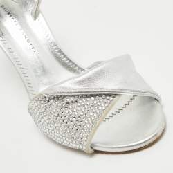Pre Owned Giuseppe Zanotti Silver Leather Crystal Embellished Slingback Sandals Size 36