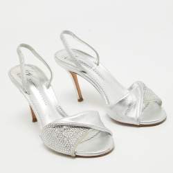 Pre Owned Giuseppe Zanotti Silver Leather Crystal Embellished Slingback Sandals Size 36