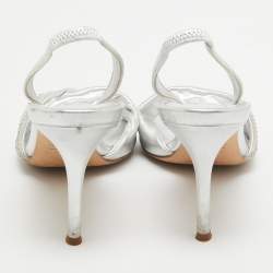 Pre Owned Giuseppe Zanotti Silver Leather Crystal Embellished Slingback Sandals Size 36