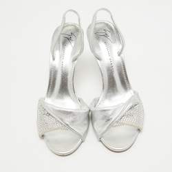 Pre Owned Giuseppe Zanotti Silver Leather Crystal Embellished Slingback Sandals Size 36