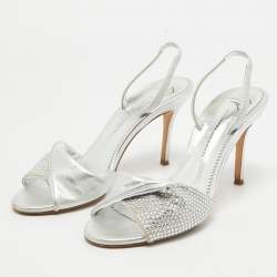 Pre Owned Giuseppe Zanotti Silver Leather Crystal Embellished Slingback Sandals Size 36