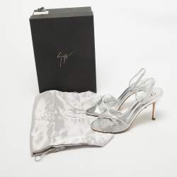 Pre Owned Giuseppe Zanotti Silver Leather Crystal Embellished Slingback Sandals Size 36