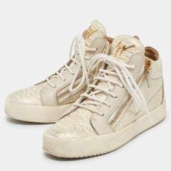 Giuseppe Zanotti Cream Python Embossed Leather Double Zip High Top Sneakers Size 37 