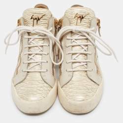 Giuseppe Zanotti Cream Python Embossed Leather Double Zip High Top Sneakers Size 37 