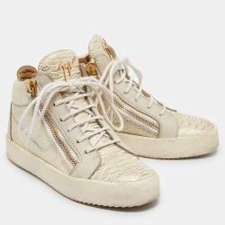 Giuseppe Zanotti Cream Python Embossed Leather Double Zip High Top Sneakers Size 37 