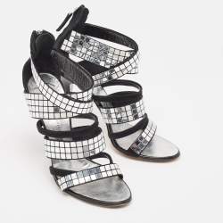 Pre Owned Giuseppe Zanotti Black/Silver Suede Mirror Strappy Sandals Size 39