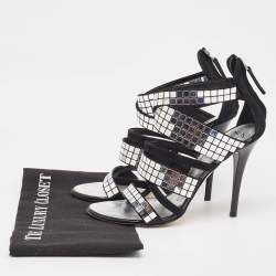 Pre Owned Giuseppe Zanotti Black/Silver Suede Mirror Strappy Sandals Size 39