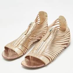 Giuseppe Zanotti Gold Glitter Zipped Caged Flat Sandals Size 36 