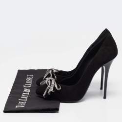 Pre Owned Giuseppe Zanotti Black Suede Crystal Embellished Bow Pumps Size 39