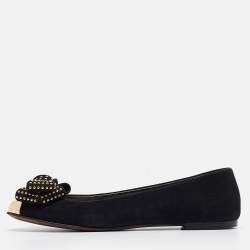 Giuseppe Zanotti Black Suede Studded Bow Ballet Flats Size 37