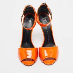 Pre Owned Giuseppe Zanotti Orange Patent Leather Ankle Strap Sandals Size 39