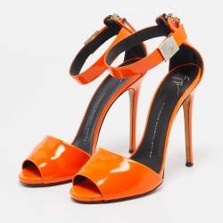 Pre Owned Giuseppe Zanotti Orange Patent Leather Ankle Strap Sandals Size 39