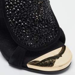 Pre Owned Giuseppe Zanotti Black Satin and Suede Crystal Embellished Ankle Strap Sandals Size 36.5
