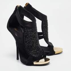 Pre Owned Giuseppe Zanotti Black Satin and Suede Crystal Embellished Ankle Strap Sandals Size 36.5