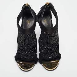 Pre Owned Giuseppe Zanotti Black Satin and Suede Crystal Embellished Ankle Strap Sandals Size 36.5