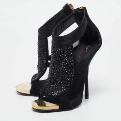 Pre Owned Giuseppe Zanotti Black Satin and Suede Crystal Embellished Ankle Strap Sandals Size 36.5