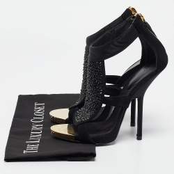 Pre Owned Giuseppe Zanotti Black Satin and Suede Crystal Embellished Ankle Strap Sandals Size 36.5