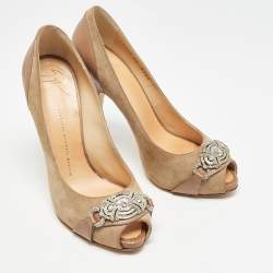 Giuseppe Zanotti Beige/Brown Leather and Suede Peep Toe Pumps Size 39