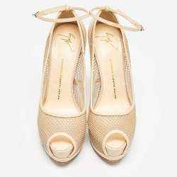 Giuseppe Zanotti Beige Mesh and Lizard Embossed Leather Peep Toe Pumps Size 40.5