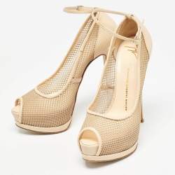 Giuseppe Zanotti Beige Mesh and Lizard Embossed Leather Peep Toe Pumps Size 40.5