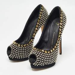 Pre Owned Giuseppe Zanotti Black Suede Studded Peep Toe Platform Pumps Size 37