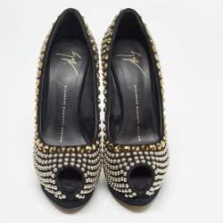 Pre Owned Giuseppe Zanotti Black Suede Studded Peep Toe Platform Pumps Size 37